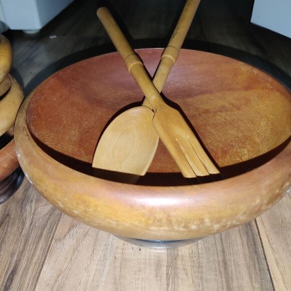 Hellerware Vintage Wooden Bowl With Fork And Spoon - Picture 3 of 10
